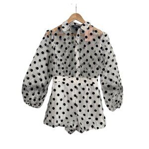 Missguided Polka Dot White Organza Playsuit Long Sleeve Button Front Size 4